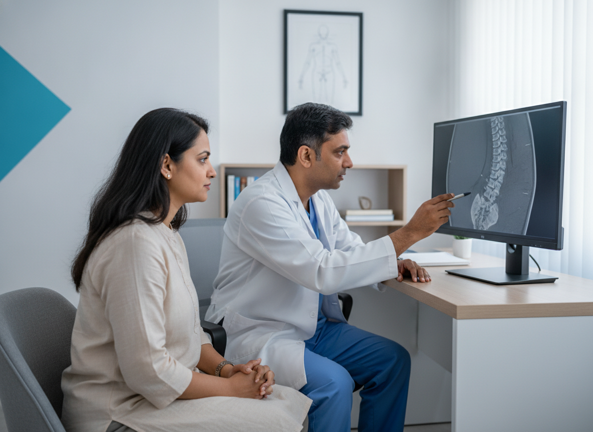 Neurosurgeon reviewing a scan with a patient