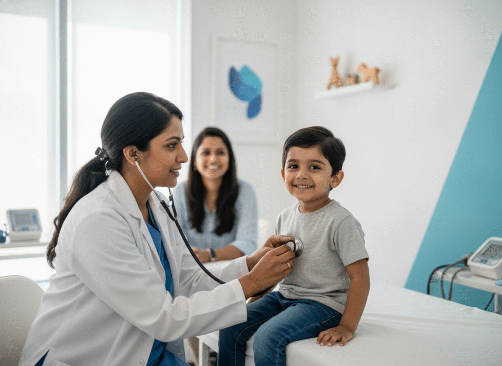 Pediatrician examining a smiling child