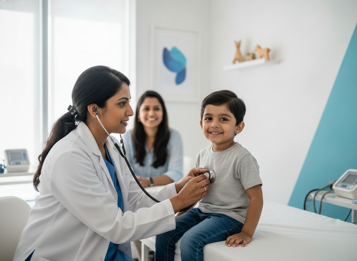 Pediatrician examining a smiling child