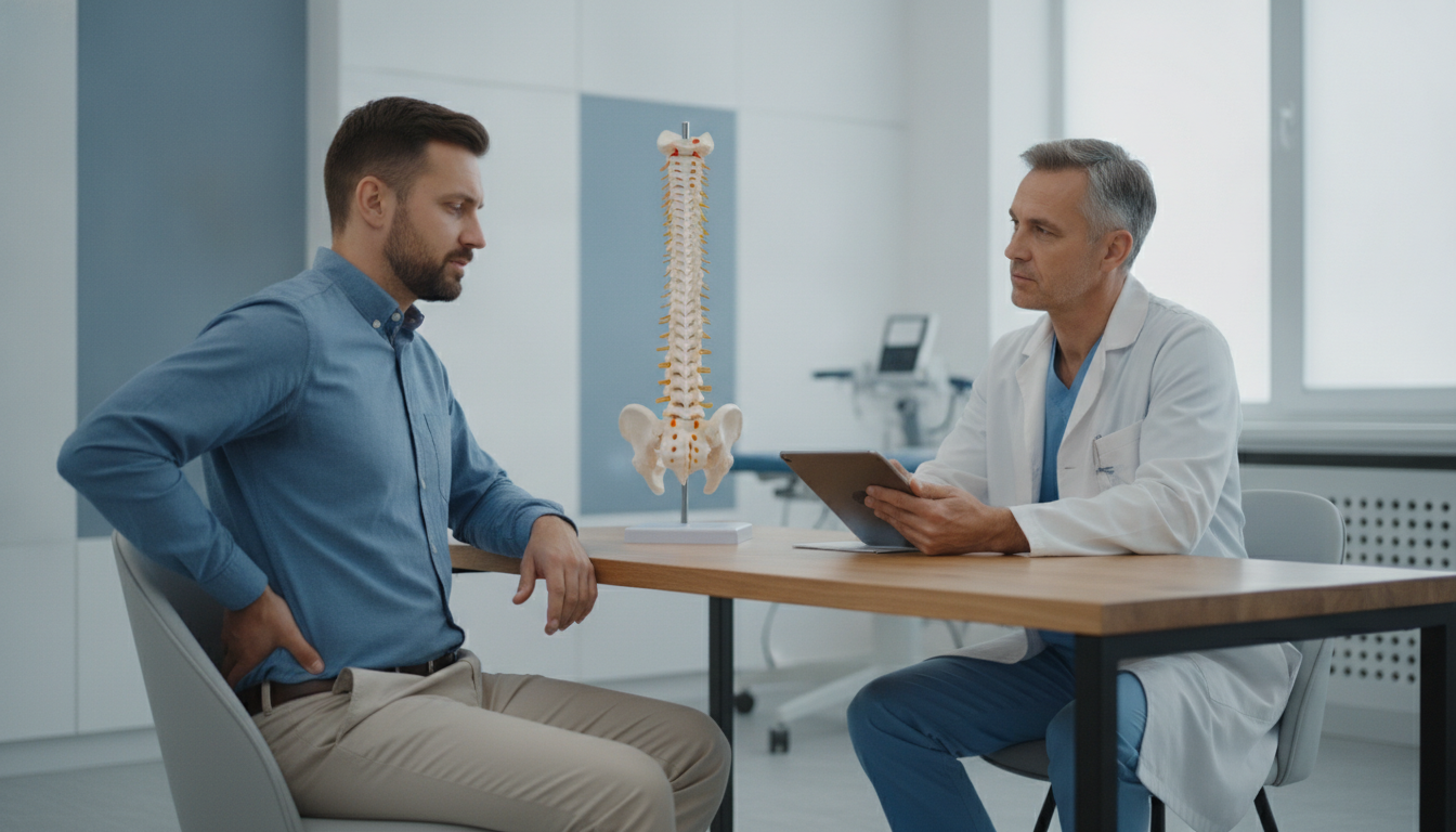 Patient discussing back pain with a neurosurgeon during a consultation