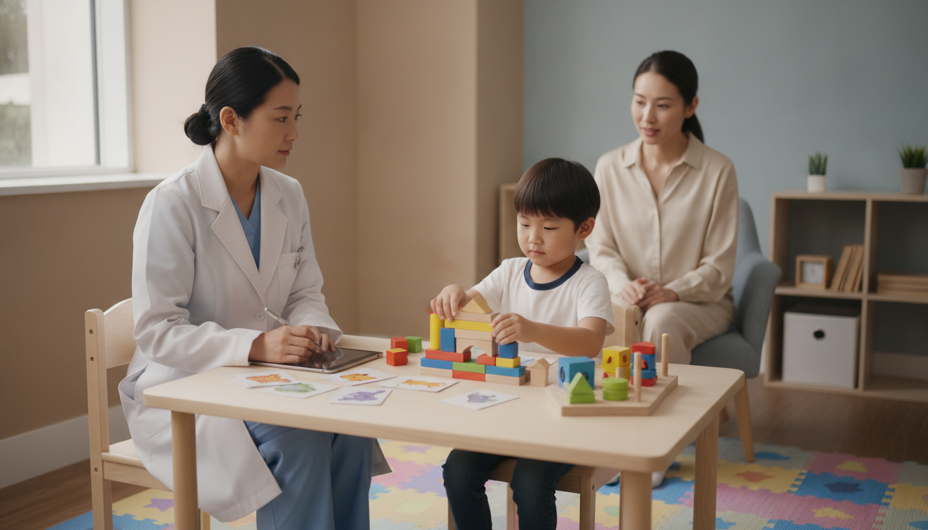 A pediatrician observing a child during a behavioral assessment