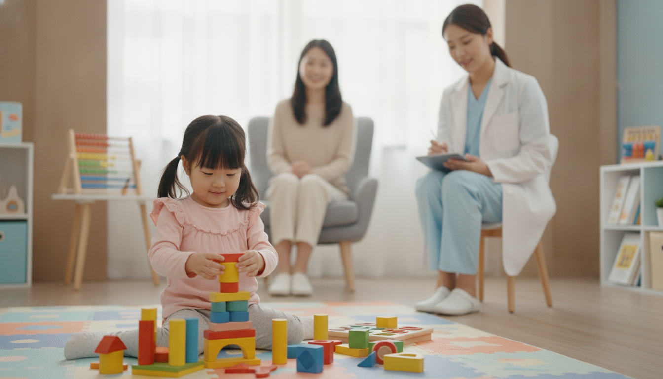 A pediatrician engaging a child in a play-based development assessment