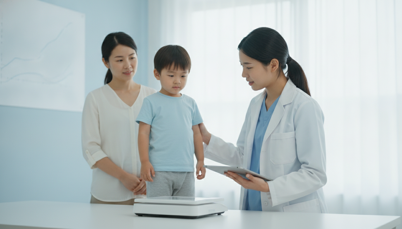 A pediatrician monitoring a child's weight in a supportive environment