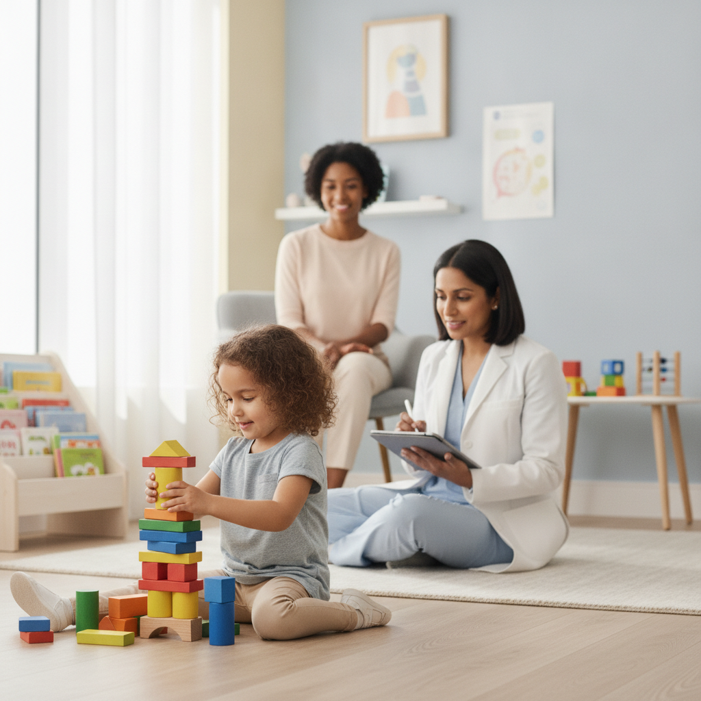 Child playing during a development assessment, doctor observing warmly
