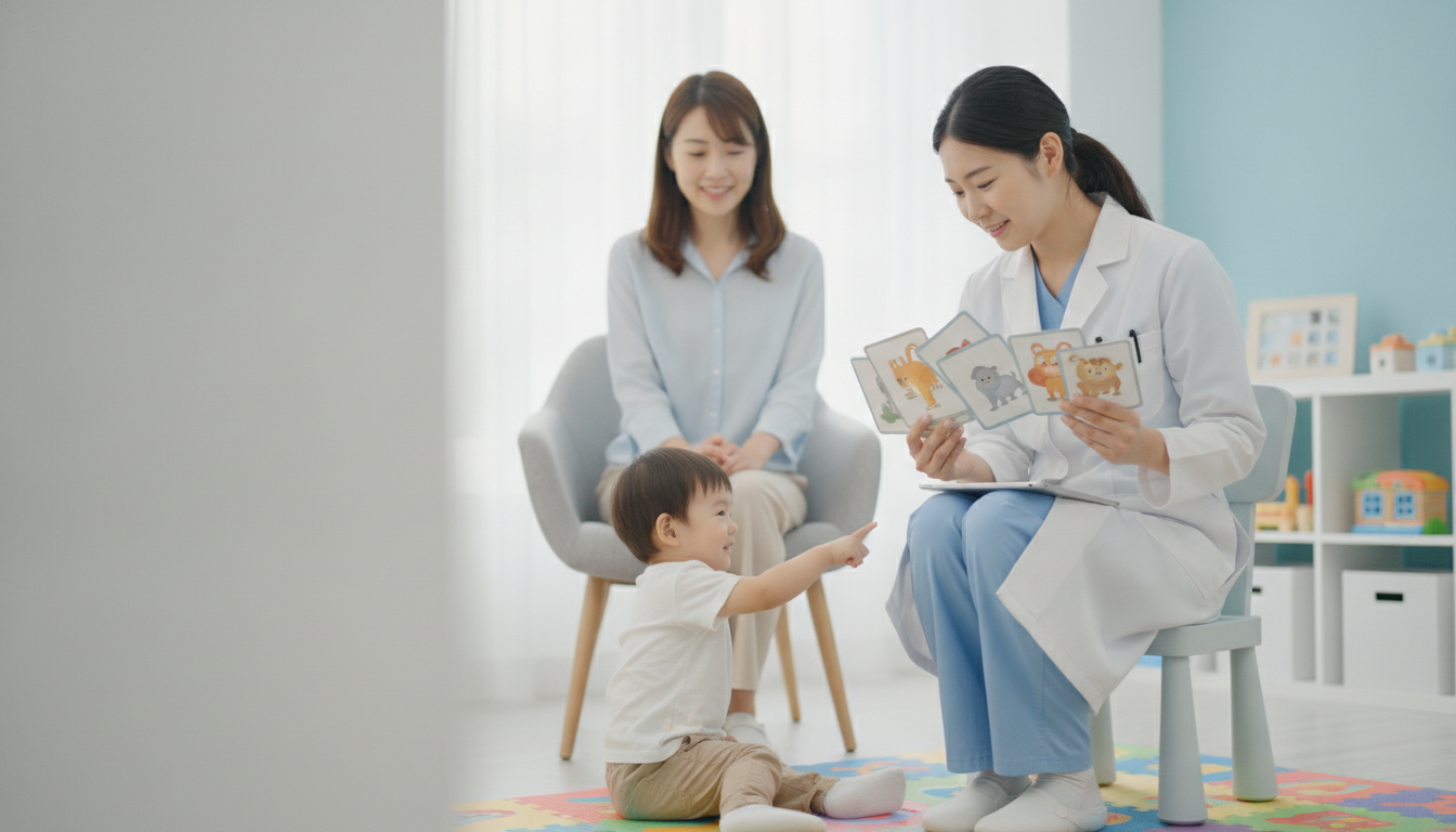 A pediatrician performing a routine developmental screening on a happy toddler