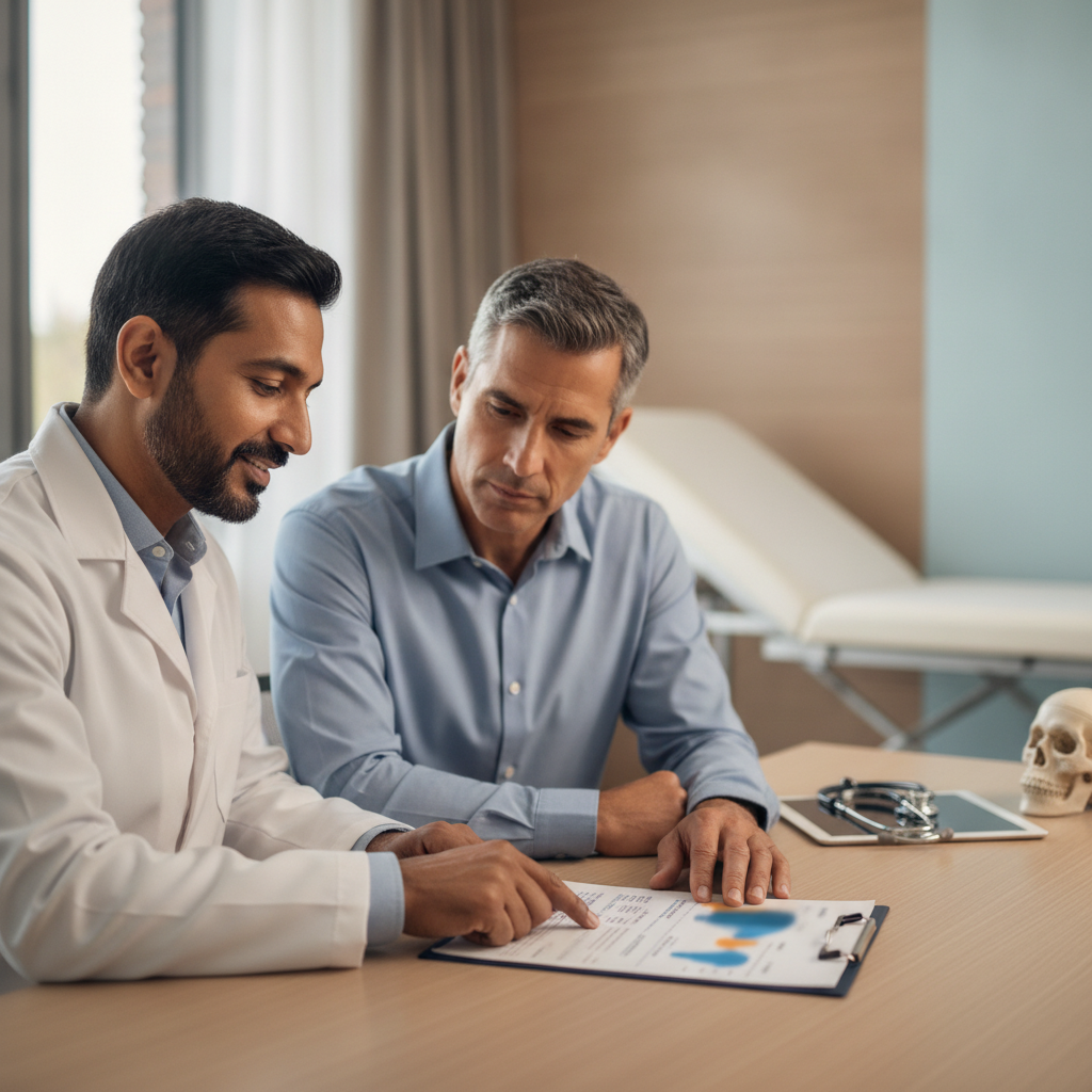 Doctor and patient reviewing a report together, calm setting