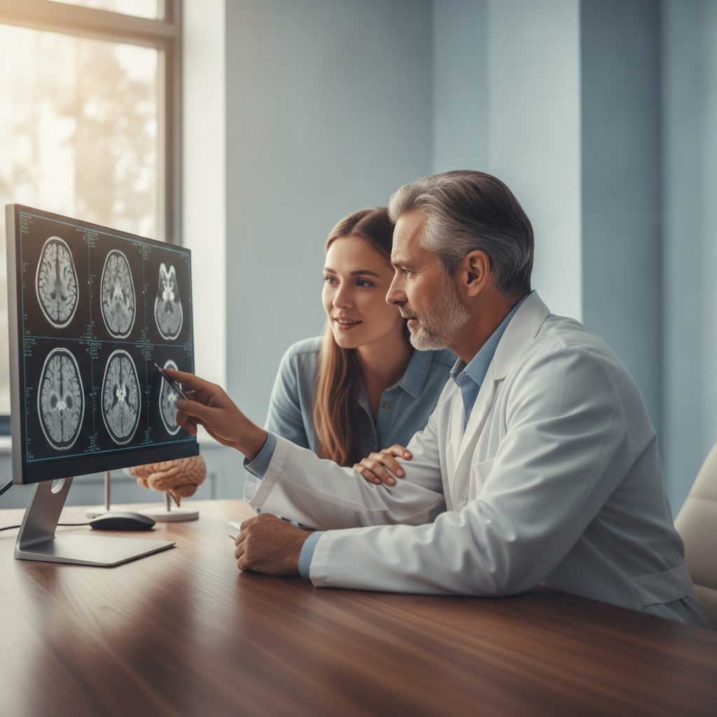 Doctor reviewing a brain scan with a patient or parent