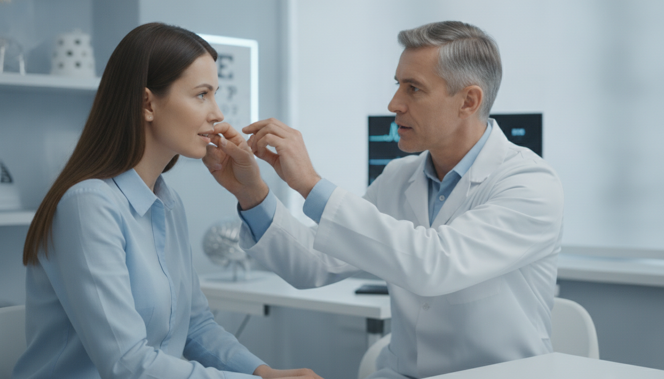 Patient undergoing a neurological reflex and coordination exam during a headache consultation