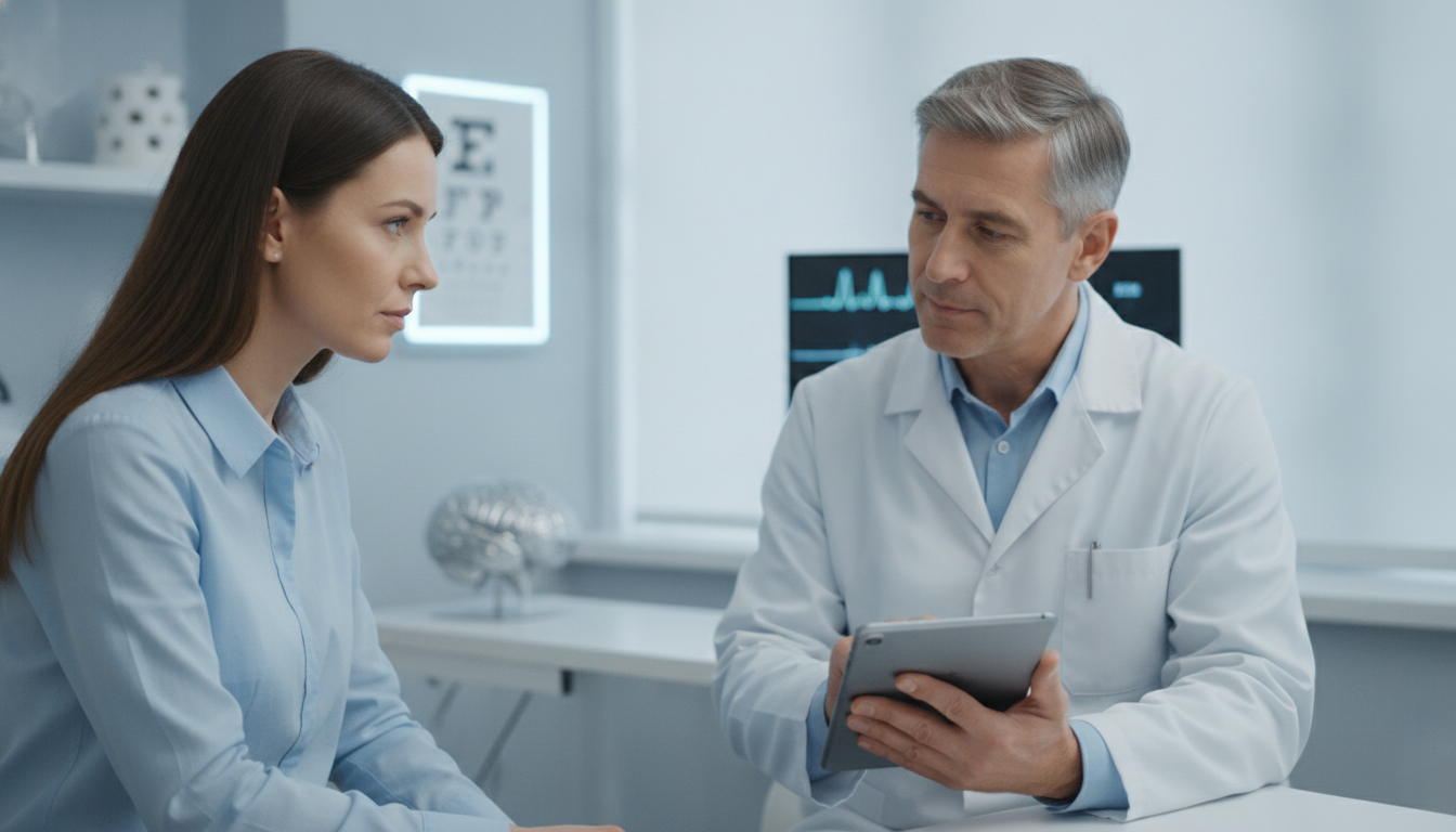 Patient undergoing a medical evaluation for headaches accompanied by vision changes
