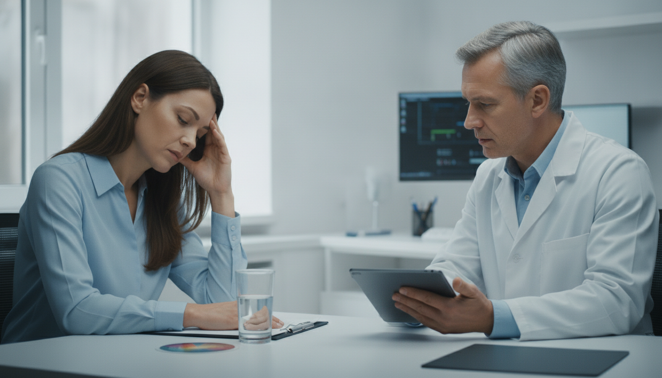 Patient describing symptoms of headache and nausea during a medical consultation