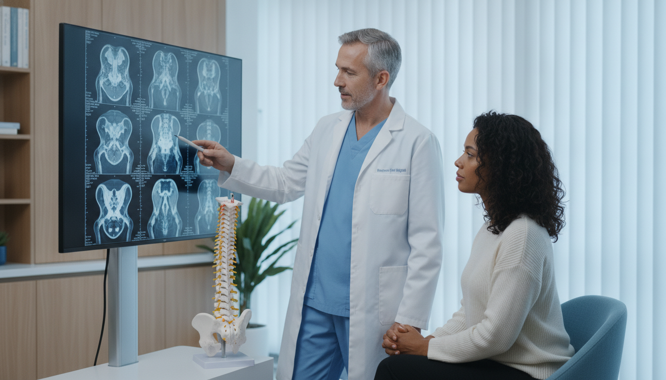Patient reviewing an MRI of a herniated disc with a spine specialist
