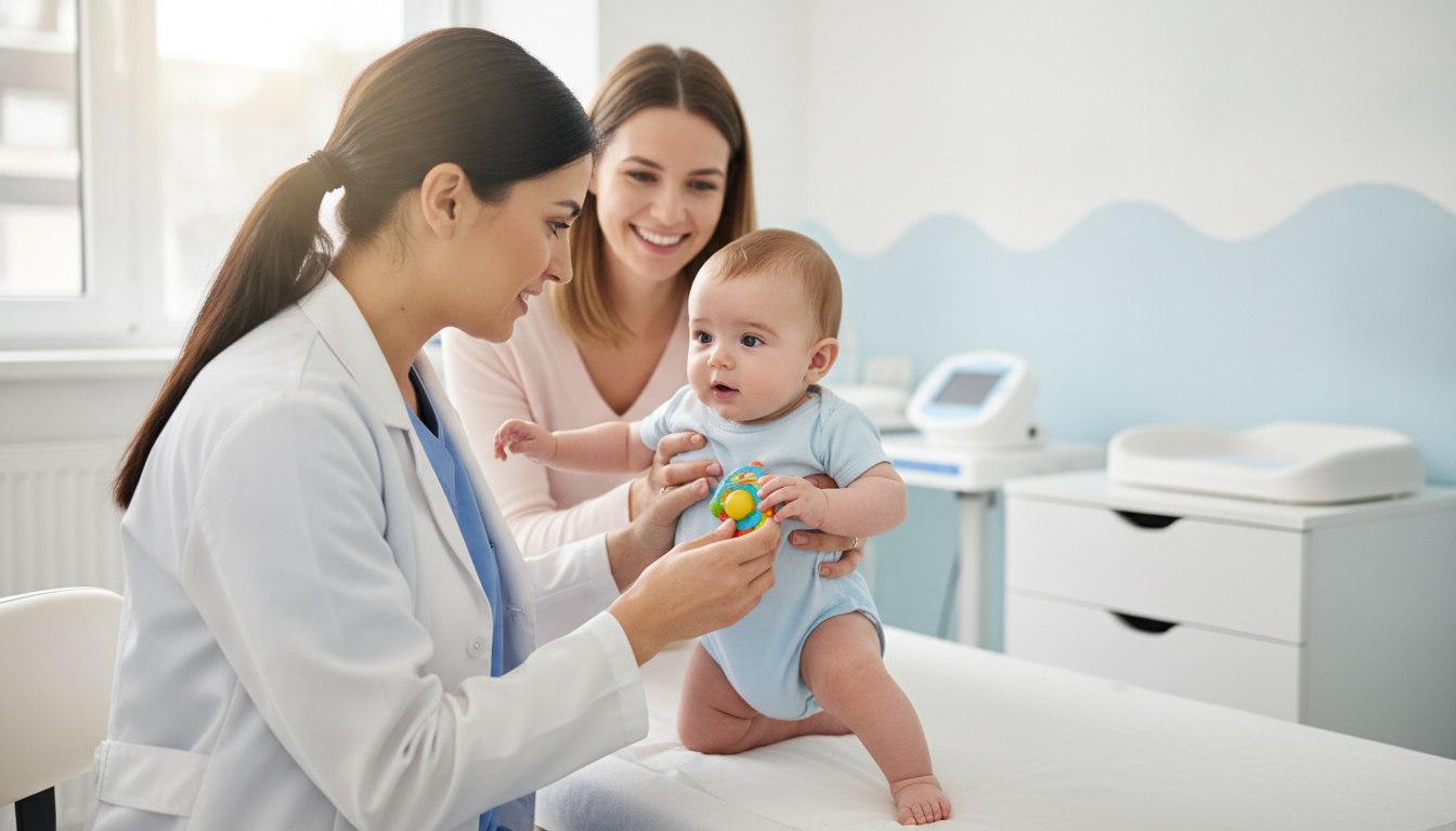 A pediatrician gently examining a newborn baby during an infant consultation
