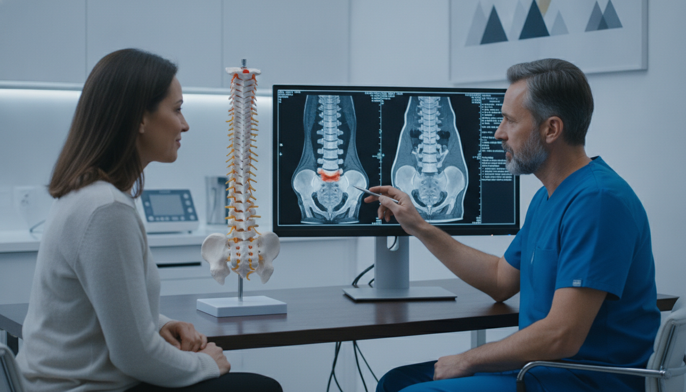 Patient discussing lower back pain and lumbar disc issues with a neurosurgeon