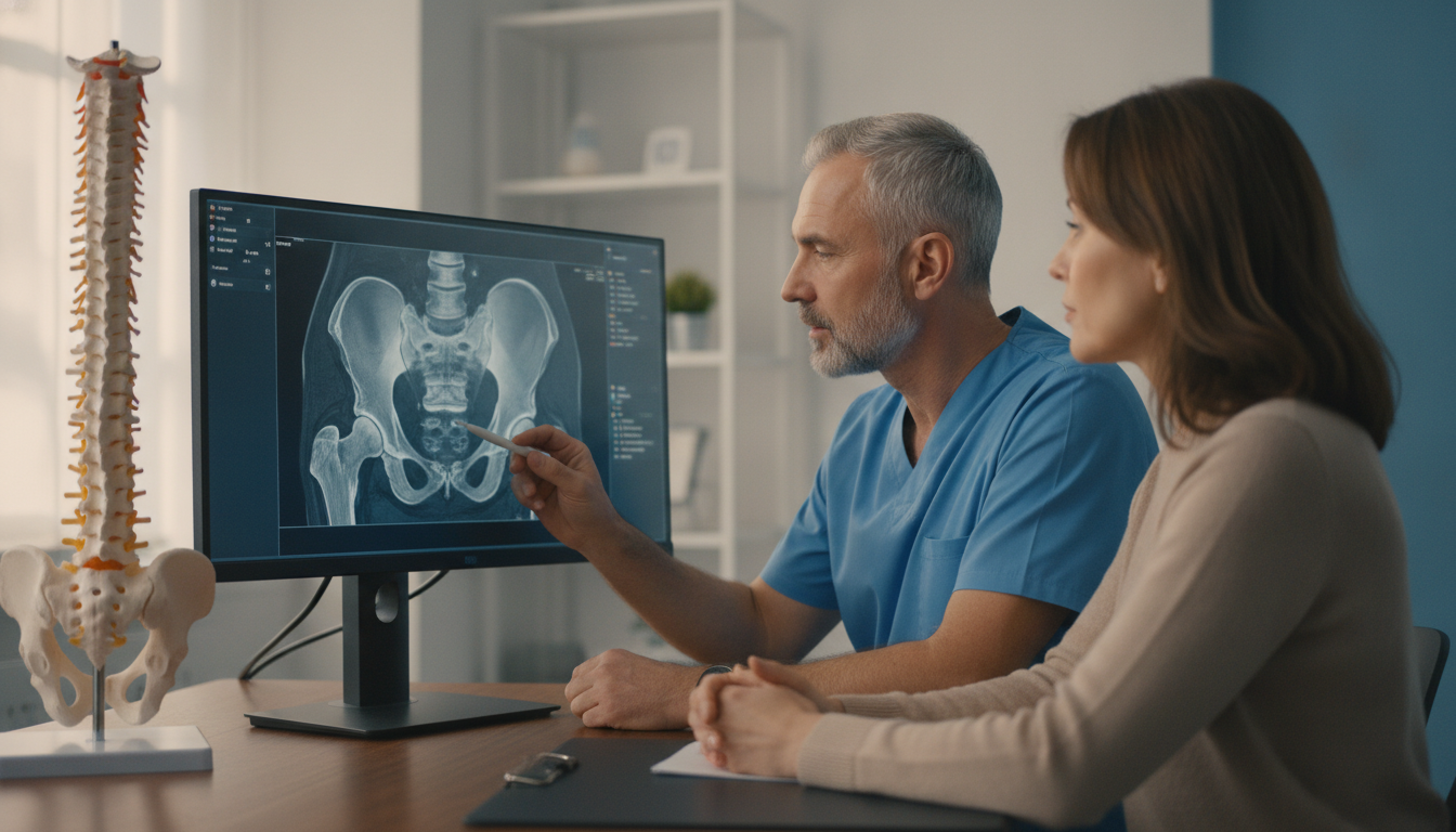 Patient discussing lower back stiffness and lumbar spondylosis with a spine specialist