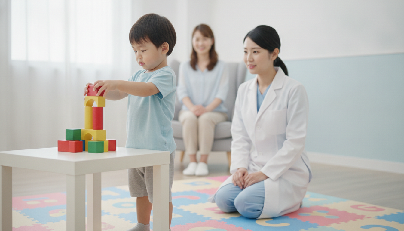 A pediatrician evaluating a child's motor development through play