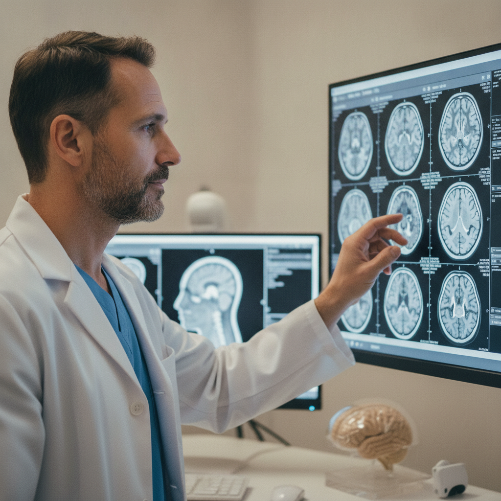 Neurosurgeon reviewing a brain scan