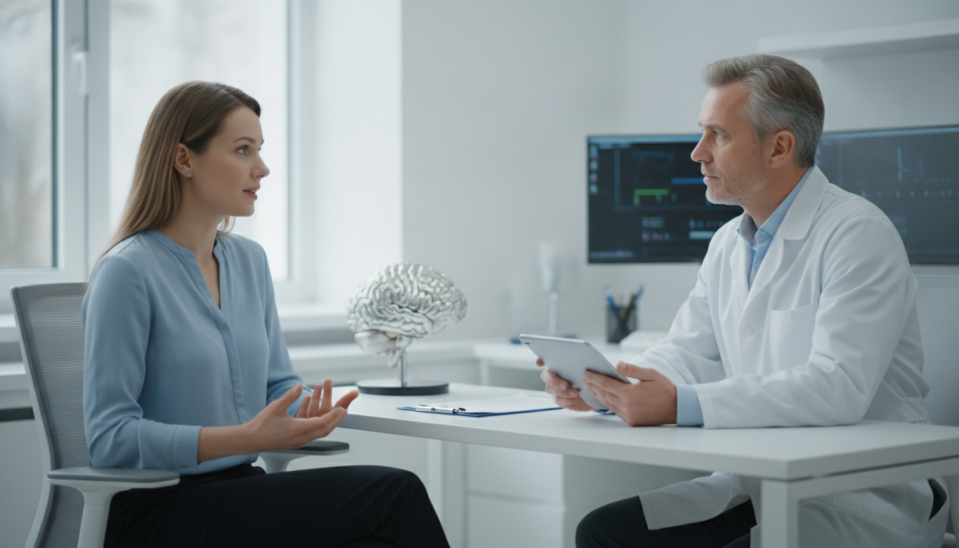 Patient discussing a new and unfamiliar headache during a medical evaluation