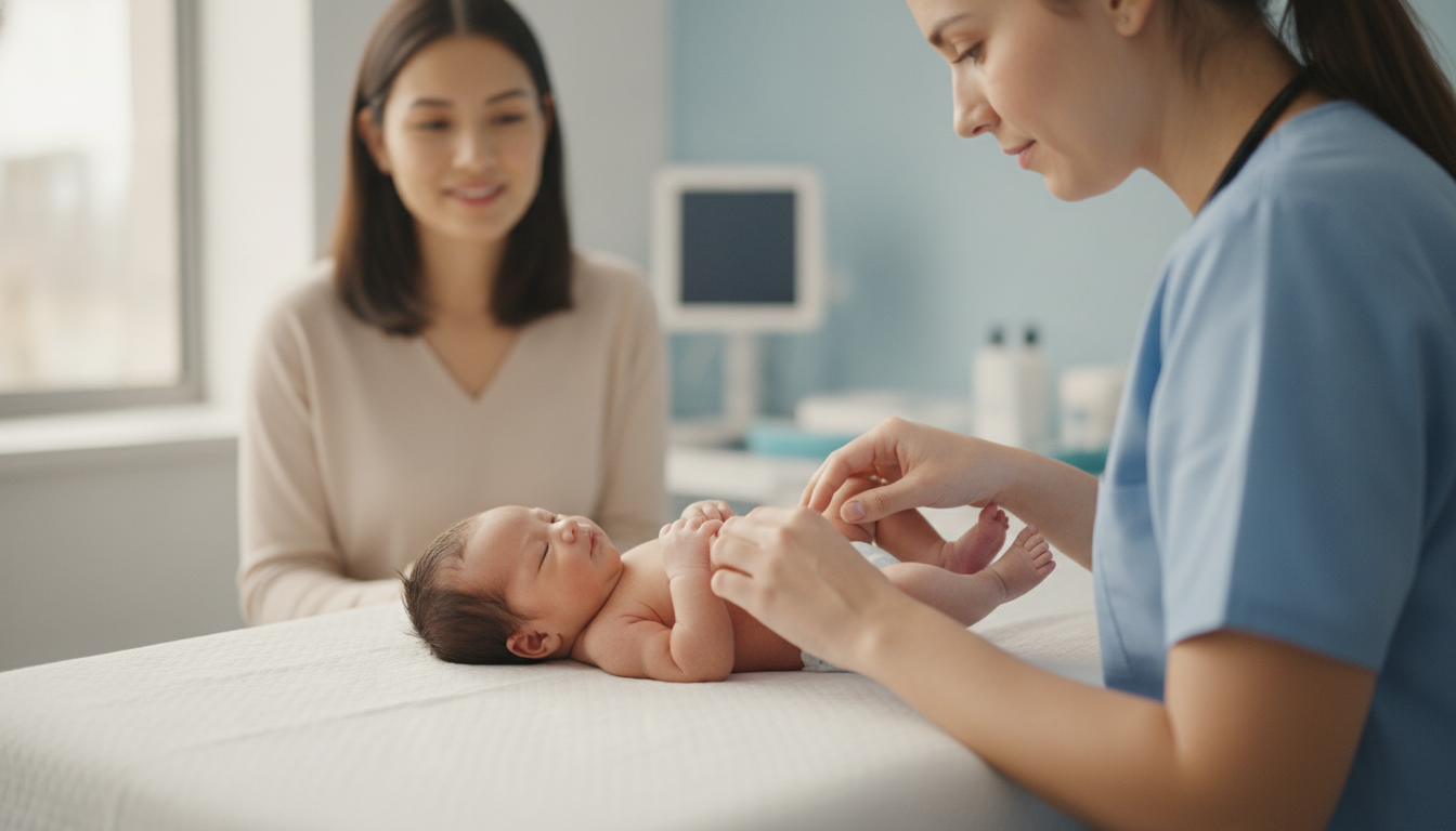 A pediatrician gently examining a newborn baby