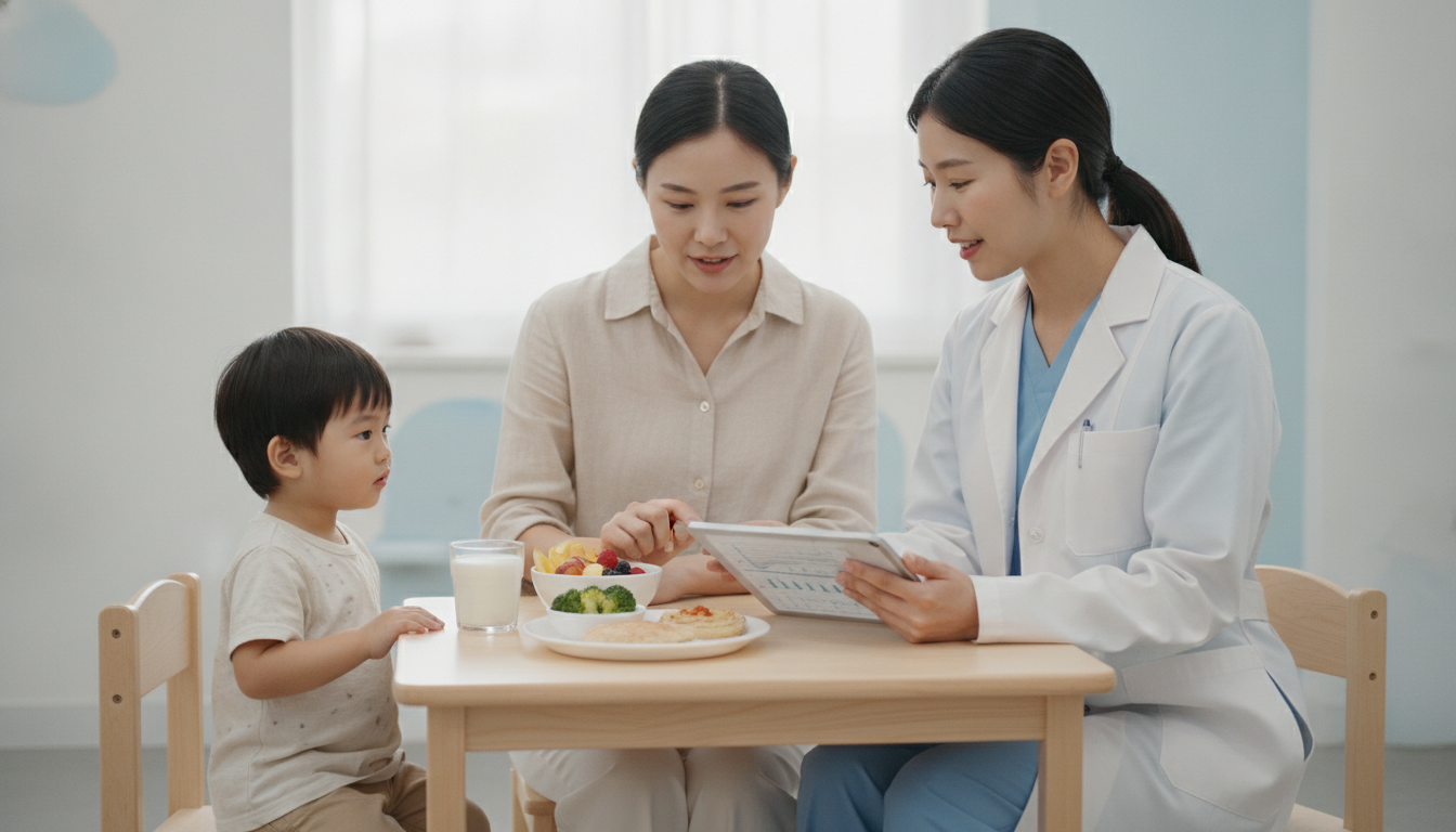 A pediatrician conducting a nutritional assessment with a family