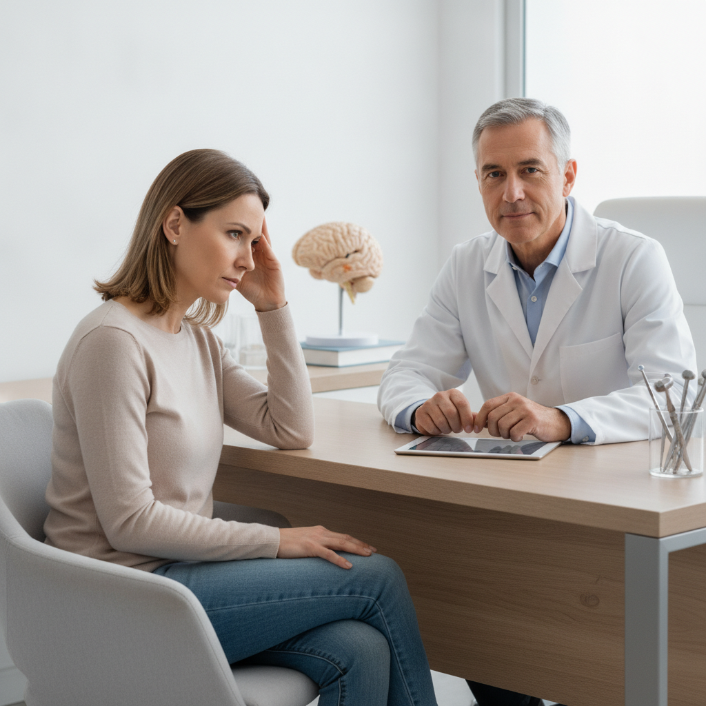 Patient holding their head, or doctor consultation for headache