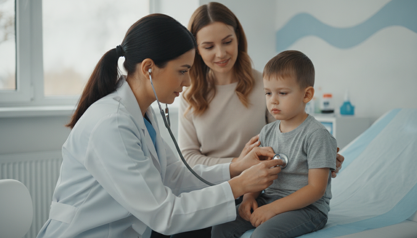 A child being examined for a cough and cold