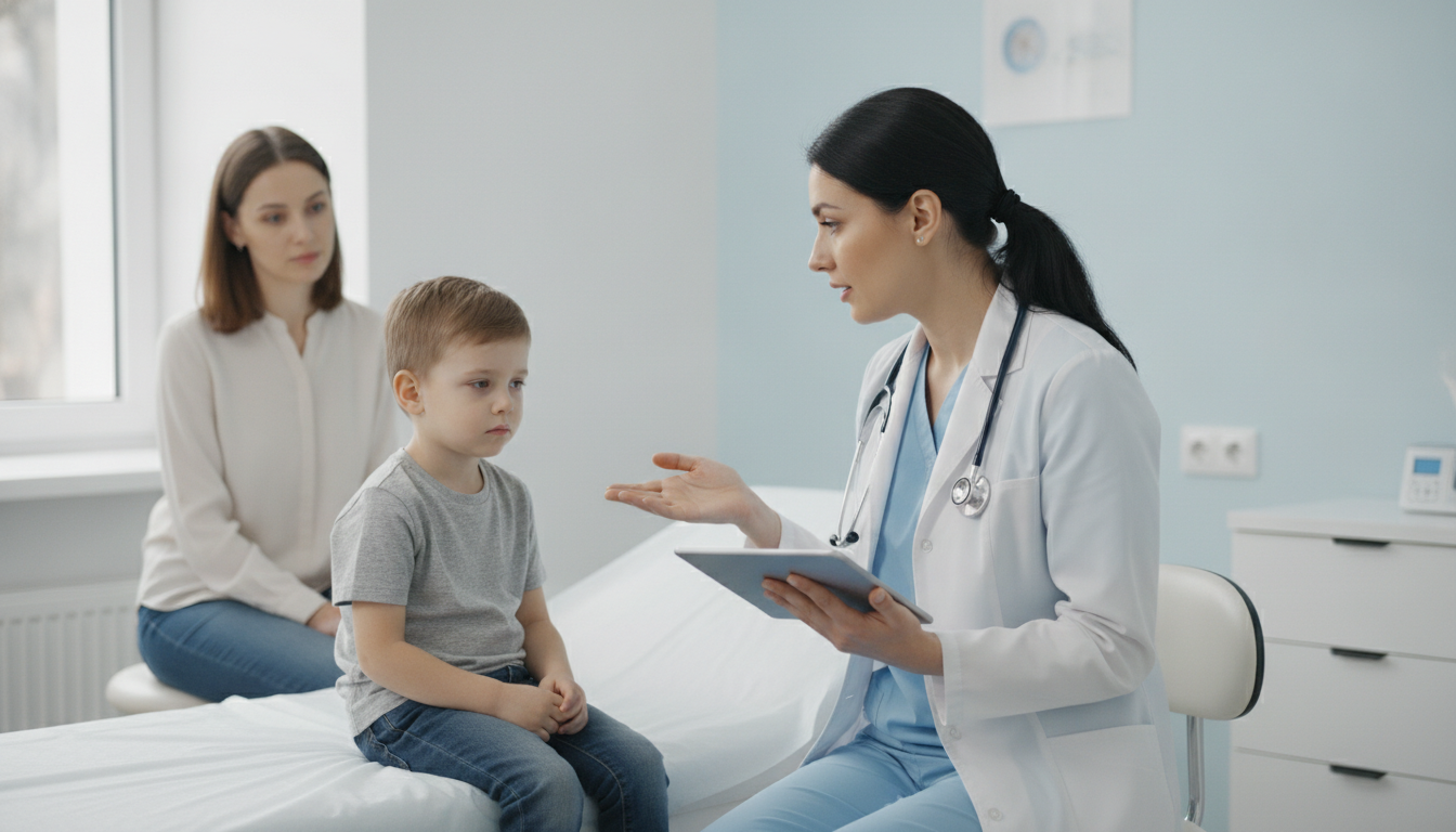 A pediatrician checking a child with an infection