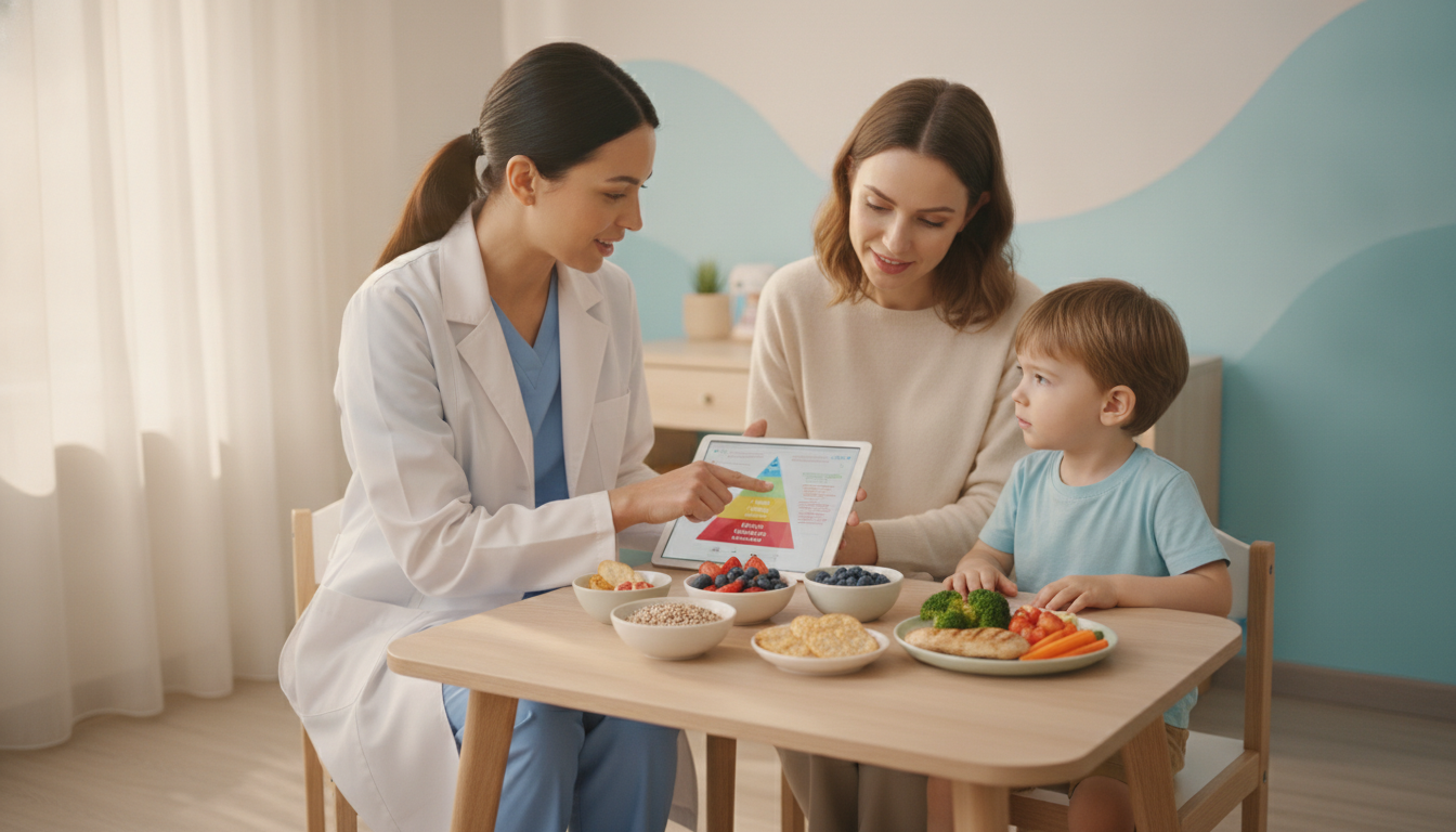 A pediatrician discussing nutrition with a parent and child