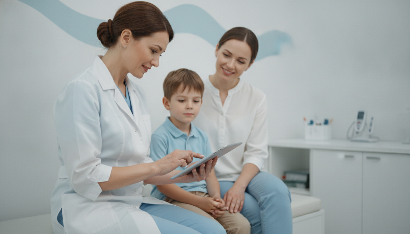 A pediatrician consulting with a child and parent