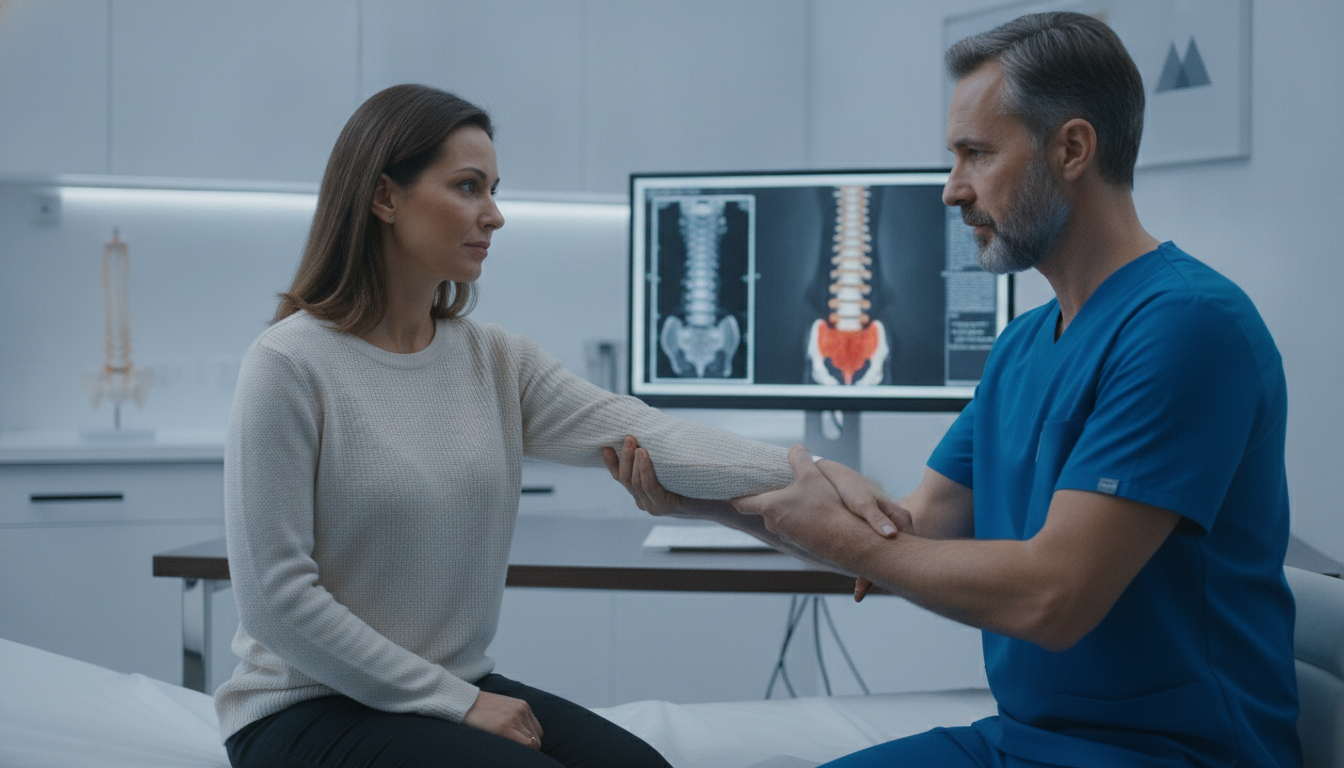 Patient undergoing an evaluation for radiating nerve pain with a spine specialist