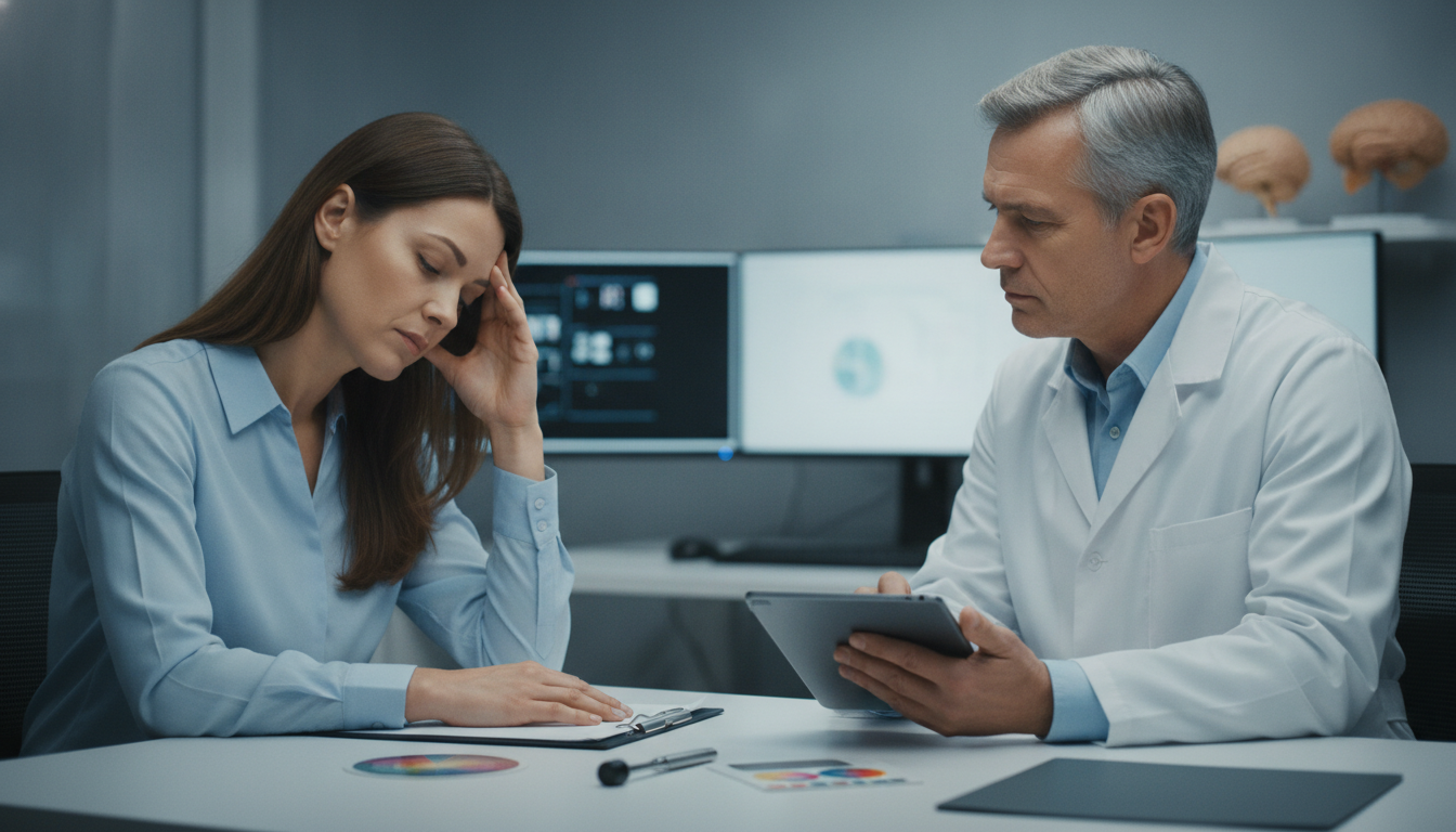 Patient undergoing a medical evaluation for severe headache pain