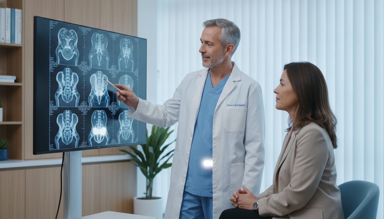 Patient reviewing an MRI of a slipped disc with a spine specialist
