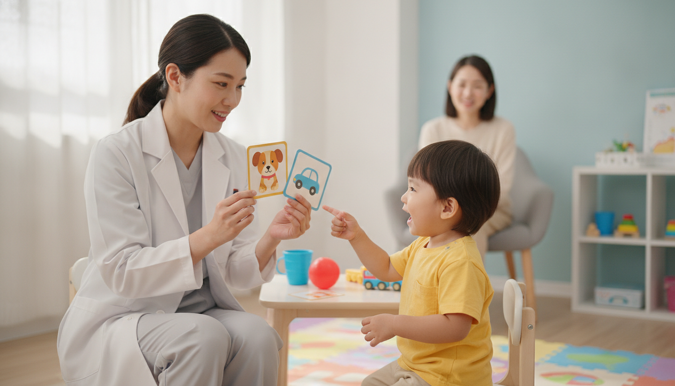 A pediatrician evaluating a child's speech and language development