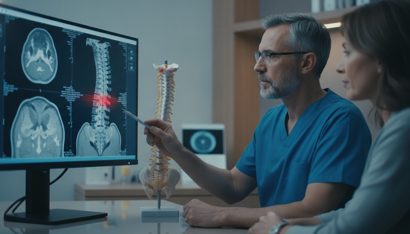 Neurosurgeon evaluating a patient with symptoms of spinal cord compression