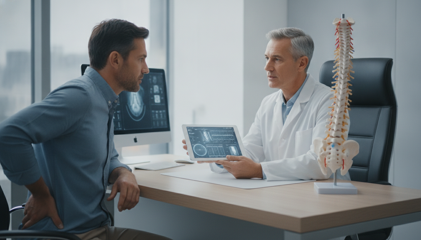 Patient discussing back pain with a neurosurgeon during a spine consultation