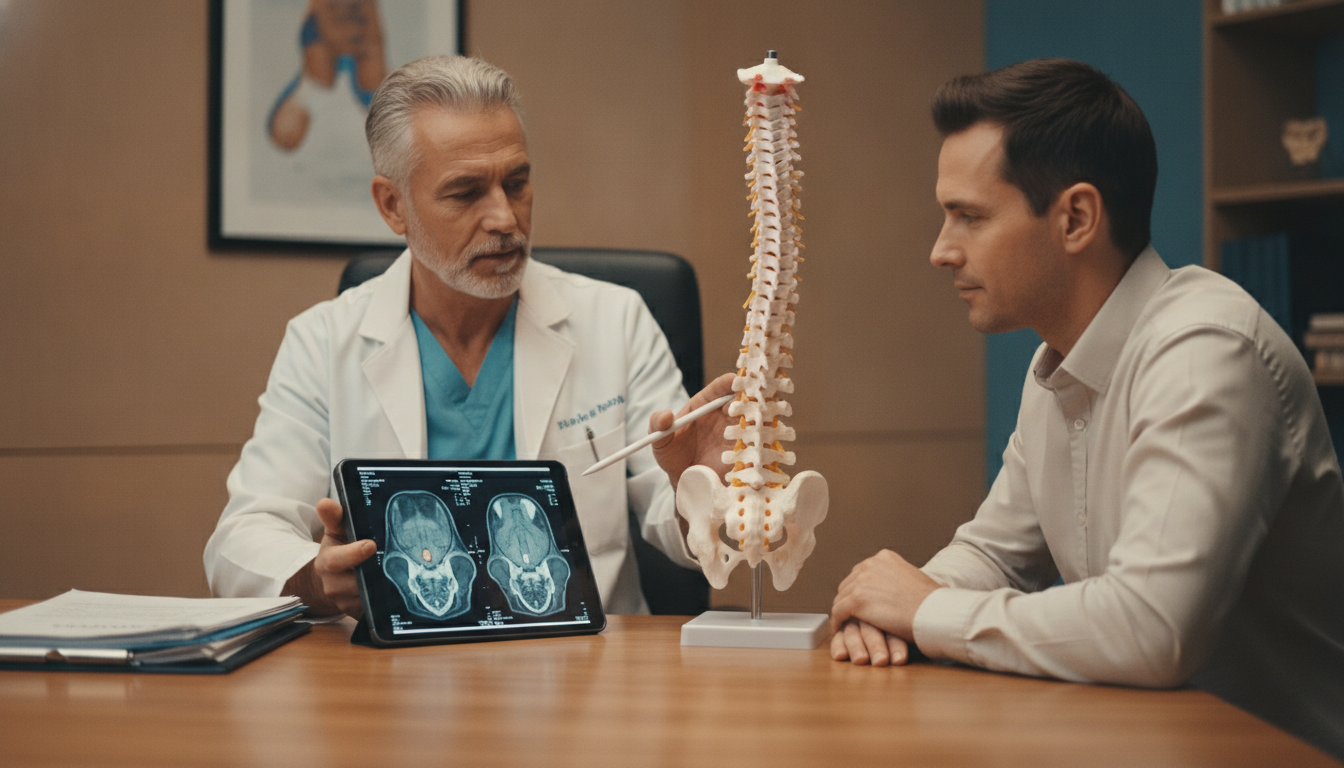 Patient receiving a second opinion on spine surgery from a neurosurgeon